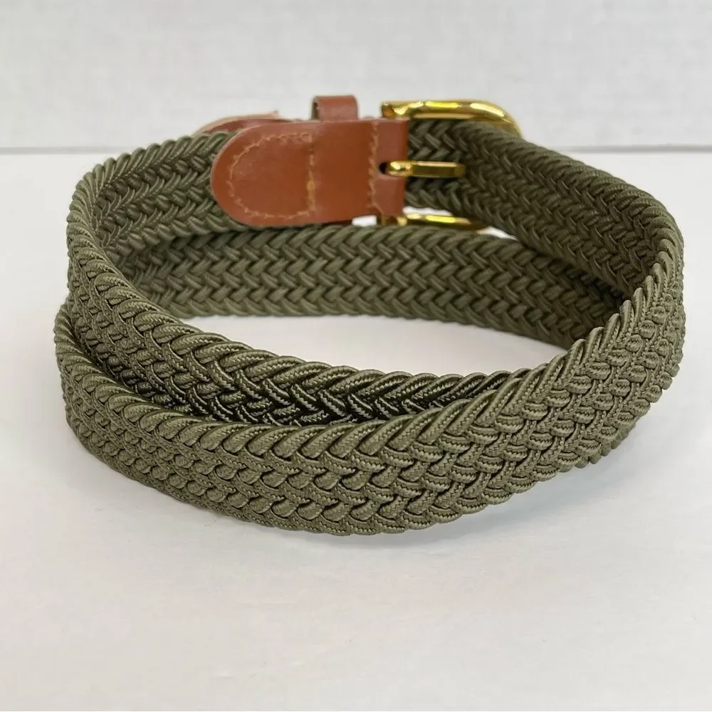 Army Green Stretchy Woven Belt Brown Trim Brass Toned Buckle Men's 28-30
